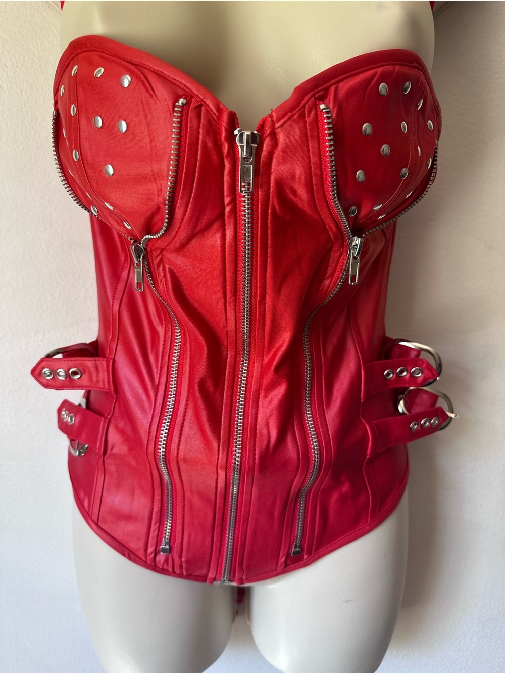 Red Studded Faux Leather Bustier Jacket